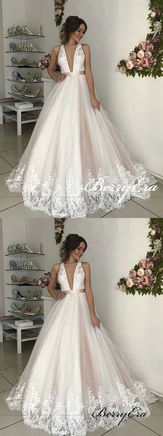 Deep V-neck Lace Tulle Long Wedding Dresses