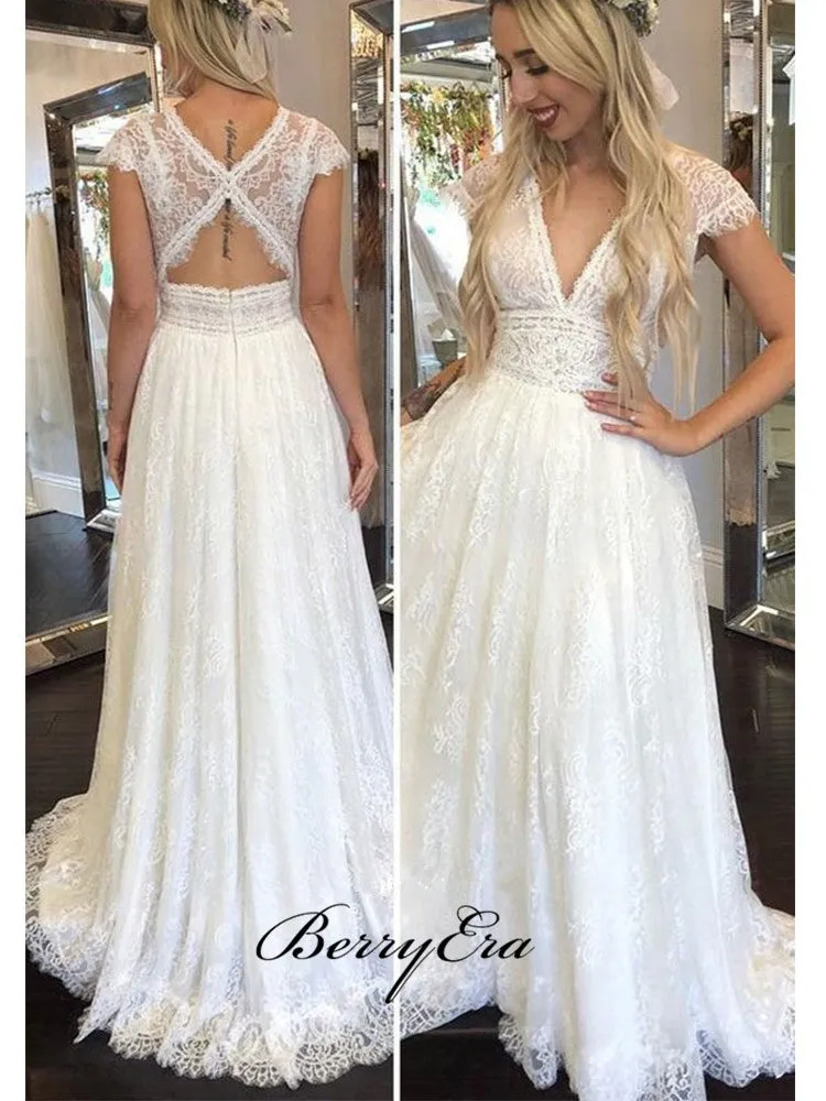 Deep V-neck Wedding Dresses, Cap Sleeves Wedding Dresses, Popular Lace Bridal Gowns