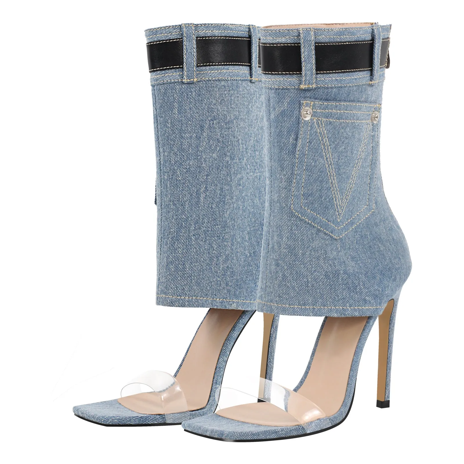 Denim Square Toe Stiletto Ankle Sandals