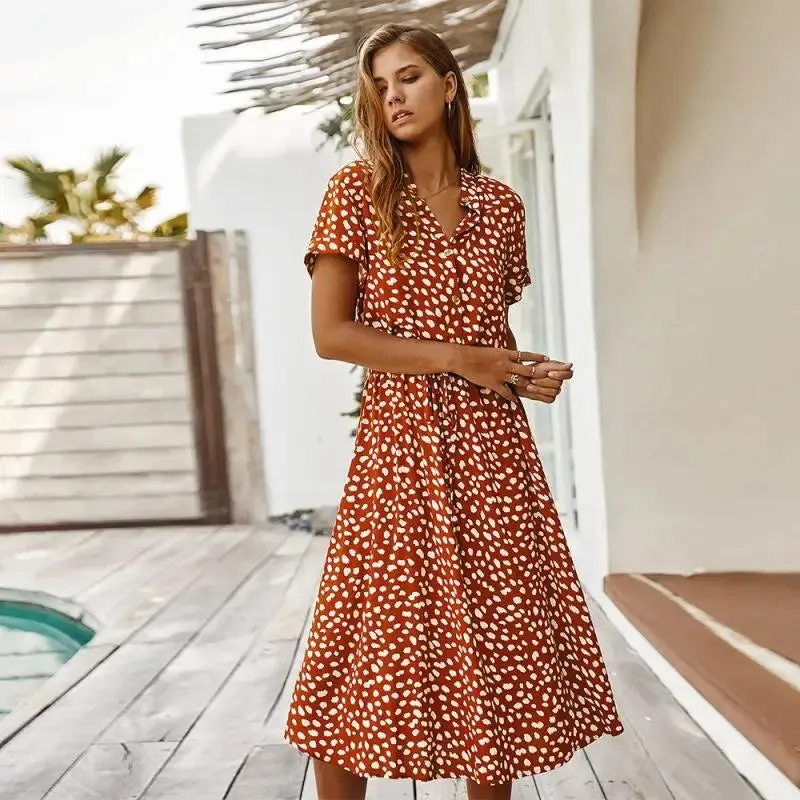 Dots Print 2024 New Tunic Vintage Midi Casual Holiday Beach Boho Dress