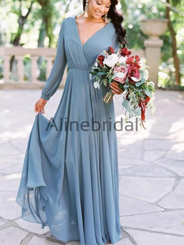 Dusty Blue Chiffon Long Sleeve A-line Bridesmaid Dresses , AB4057