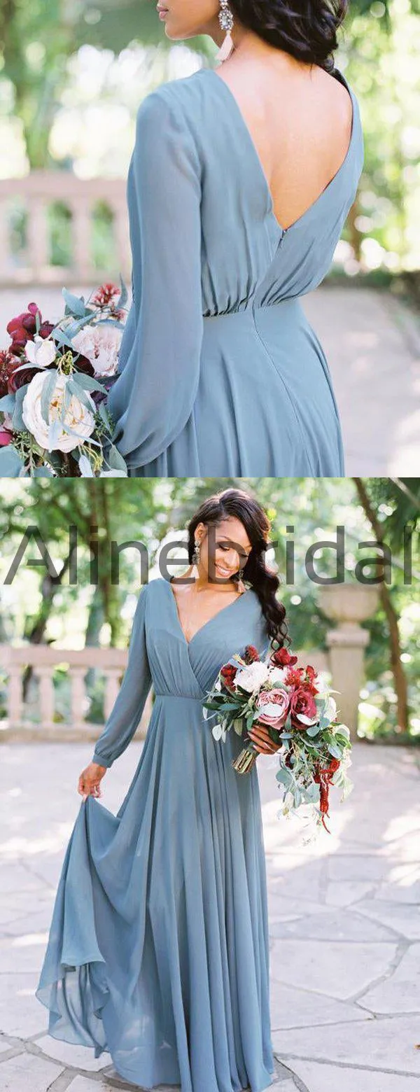 Dusty Blue Chiffon Long Sleeve A-line Bridesmaid Dresses , AB4057