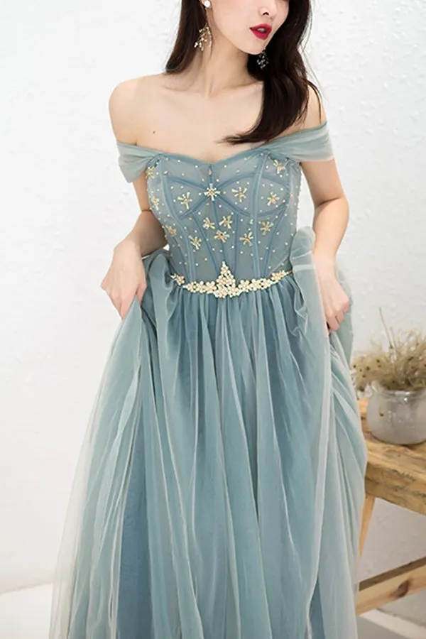 Dusty Blue Tulle Beaded Off-the-Shoulder Long Prom Dresses, Formal Dress, SP786