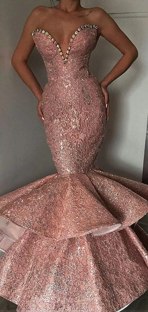 Dusty Pink Satin Shiny Lace Strapless Mermaid Prom Dresses,PD00185