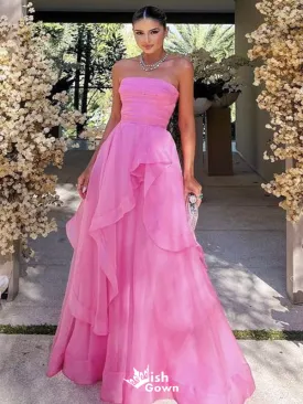 Elegant Pink A-Line Strapless Ruffle Popular Long Evening Dresses, Formal Dresses, Birthday Party, WGP579