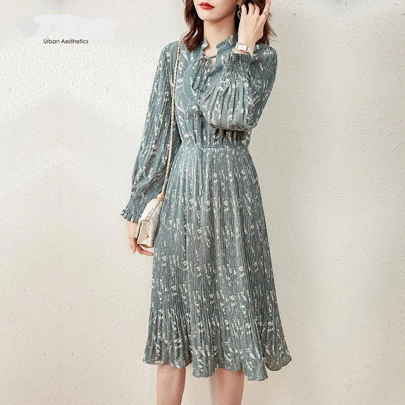 Elegant Pleated Midi Chiffon Dress for Women