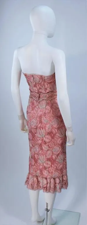 ELIZABETH MASON COUTURE Pink Metallic Lace Cocktail Dress