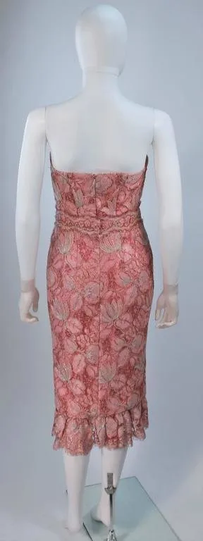 ELIZABETH MASON COUTURE Pink Metallic Lace Cocktail Dress