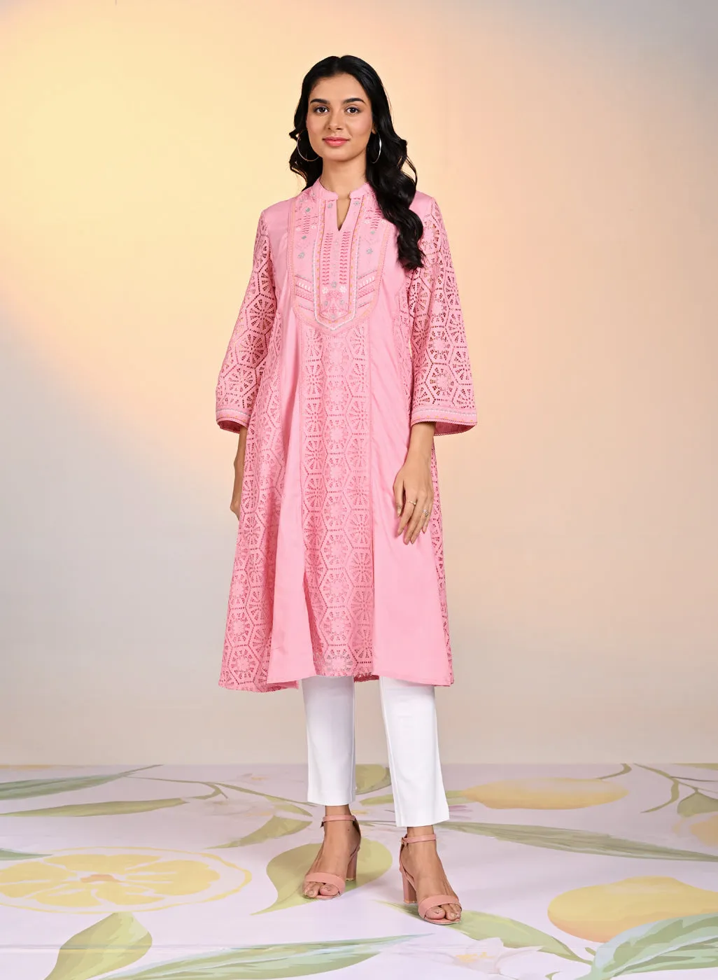 Fariha Carnation Pink Embroidered Raschel
Net Dress for Women