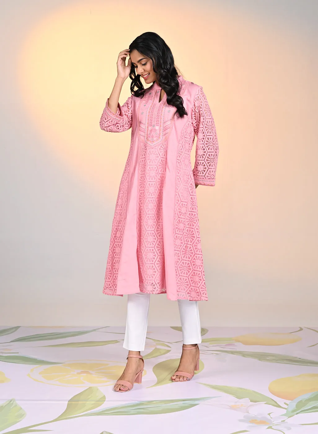 Fariha Carnation Pink Embroidered Raschel
Net Dress for Women