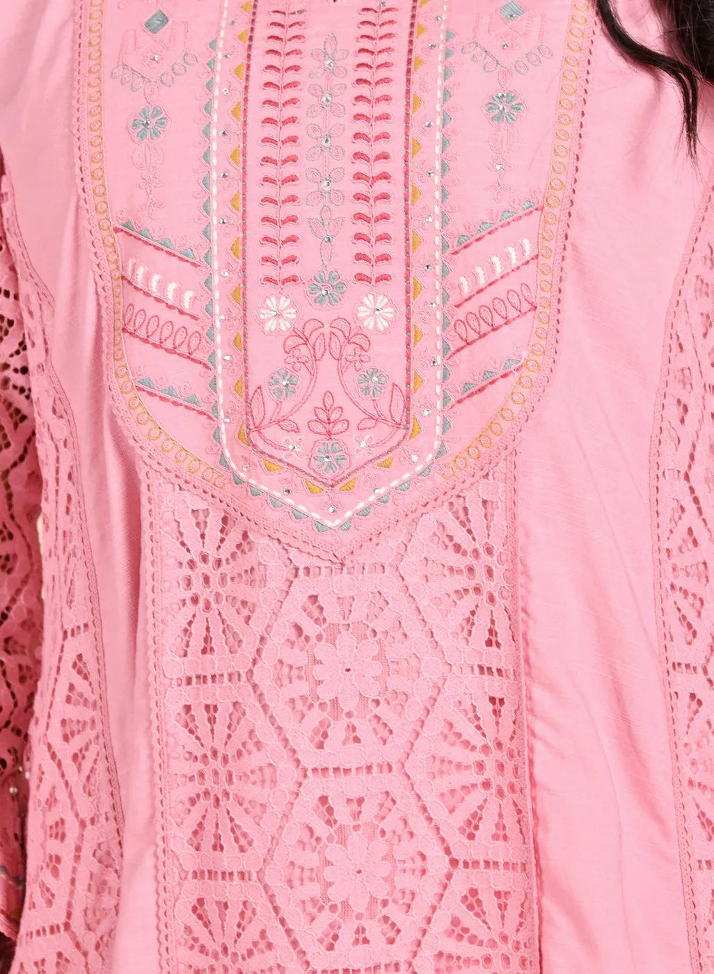 Fariha Carnation Pink Embroidered Raschel
Net Dress for Women