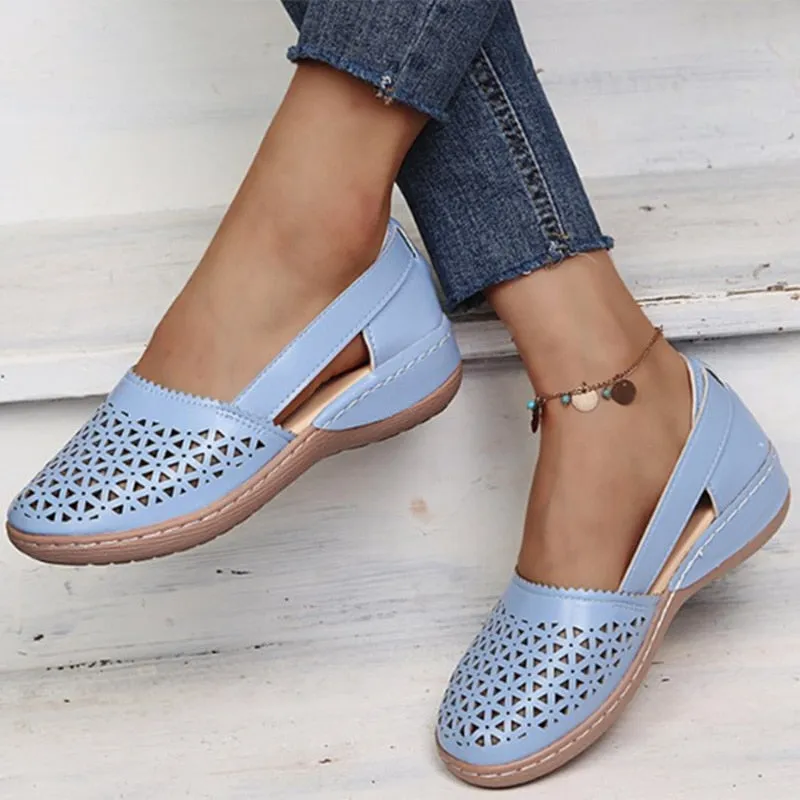 Fligmm Vintage Hollow Out Wedges Casual Shoes Women Summer Pu Leather Loafers Shoes Woman Plus Size 43 Lightweight Slip-On Flats 516-1 0410