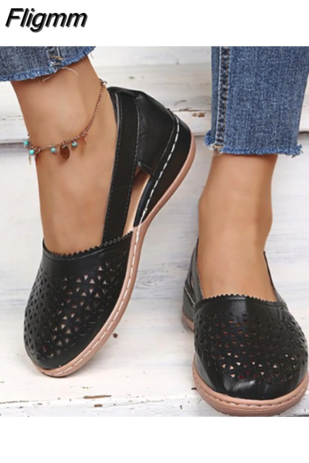 Fligmm Vintage Hollow Out Wedges Casual Shoes Women Summer Pu Leather Loafers Shoes Woman Plus Size 43 Lightweight Slip-On Flats 516-1