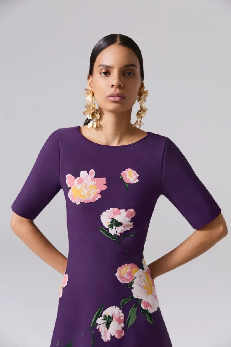 Floral Jacquard Boat-Neck Dress