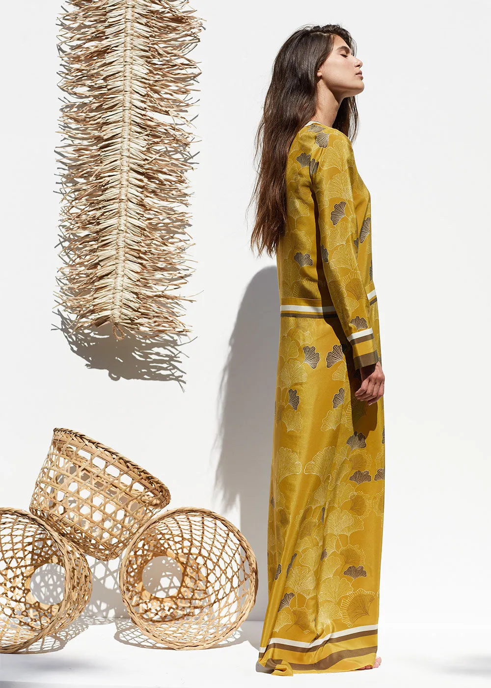 FLOWING SILK DRESS "GARI" WITH GINKGO LEAVES PRINT