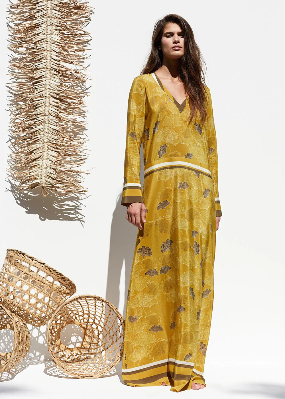 FLOWING SILK DRESS "GARI" WITH GINKGO LEAVES PRINT