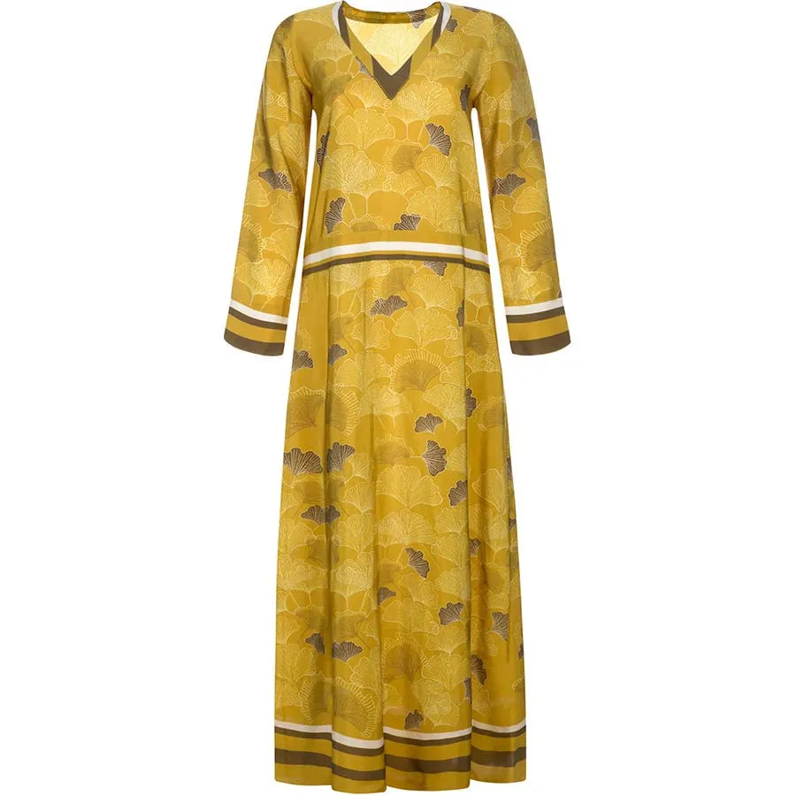 FLOWING SILK DRESS "GARI" WITH GINKGO LEAVES PRINT