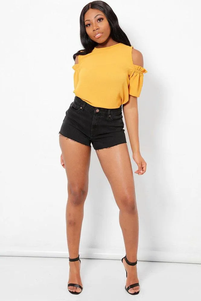 Frayed Hem Black Denim Shorts