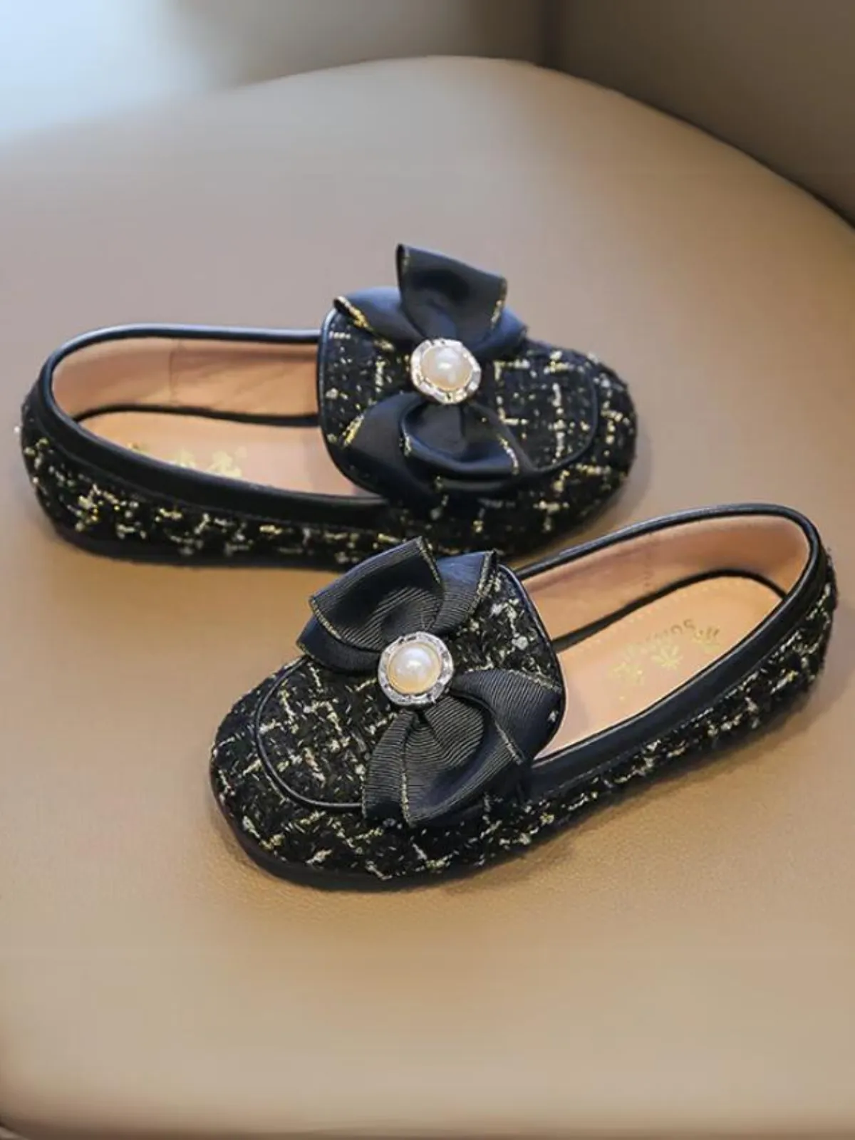 Girls Elegant Tweed Bow Loafers by Liv and Mia