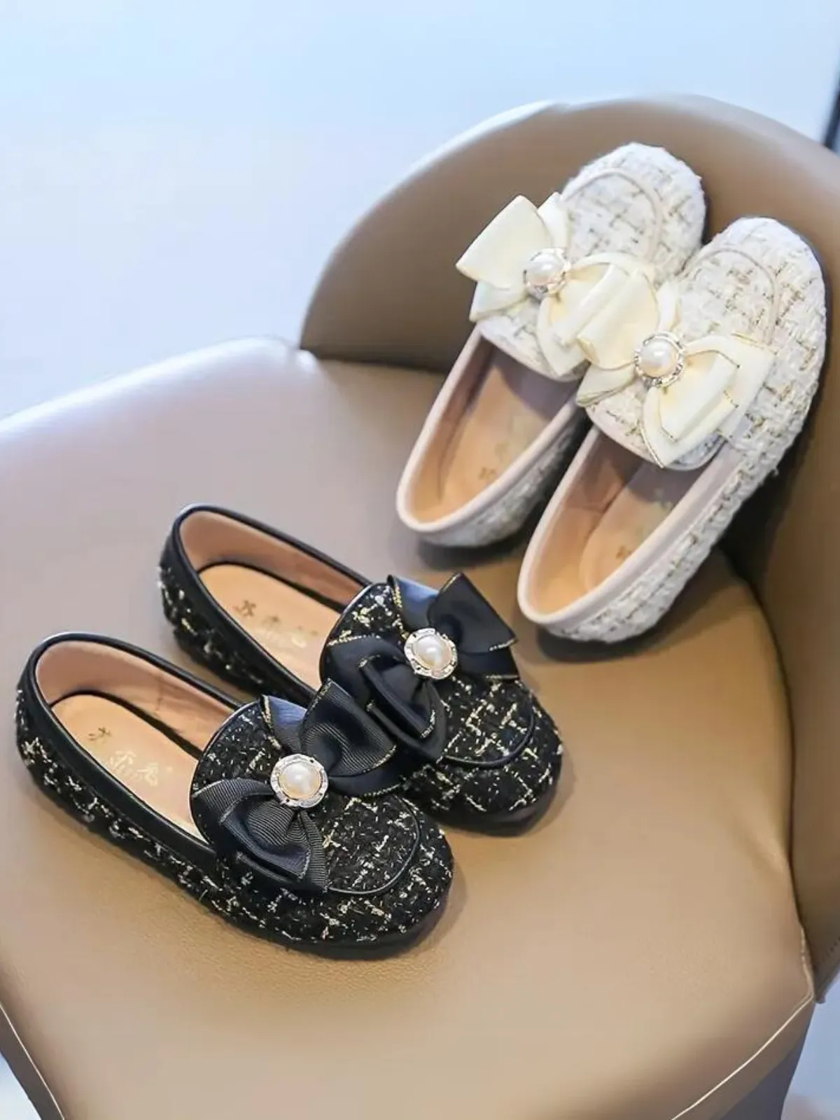 Girls Elegant Tweed Bow Loafers by Liv and Mia