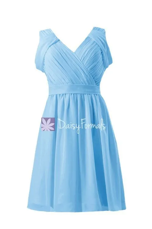 Gracious Sea Blue Chiffon Party Dress V neckline Bridesmaids Dress (BM283S)