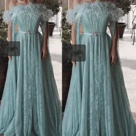 green lace prom dresses 2020 feather off the shoulder elegant arabic prom gown robe de soiree