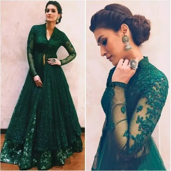 green lace prom dresses long sleeve beaded elegant Dubai fashion vintage prom gown robe de soiree