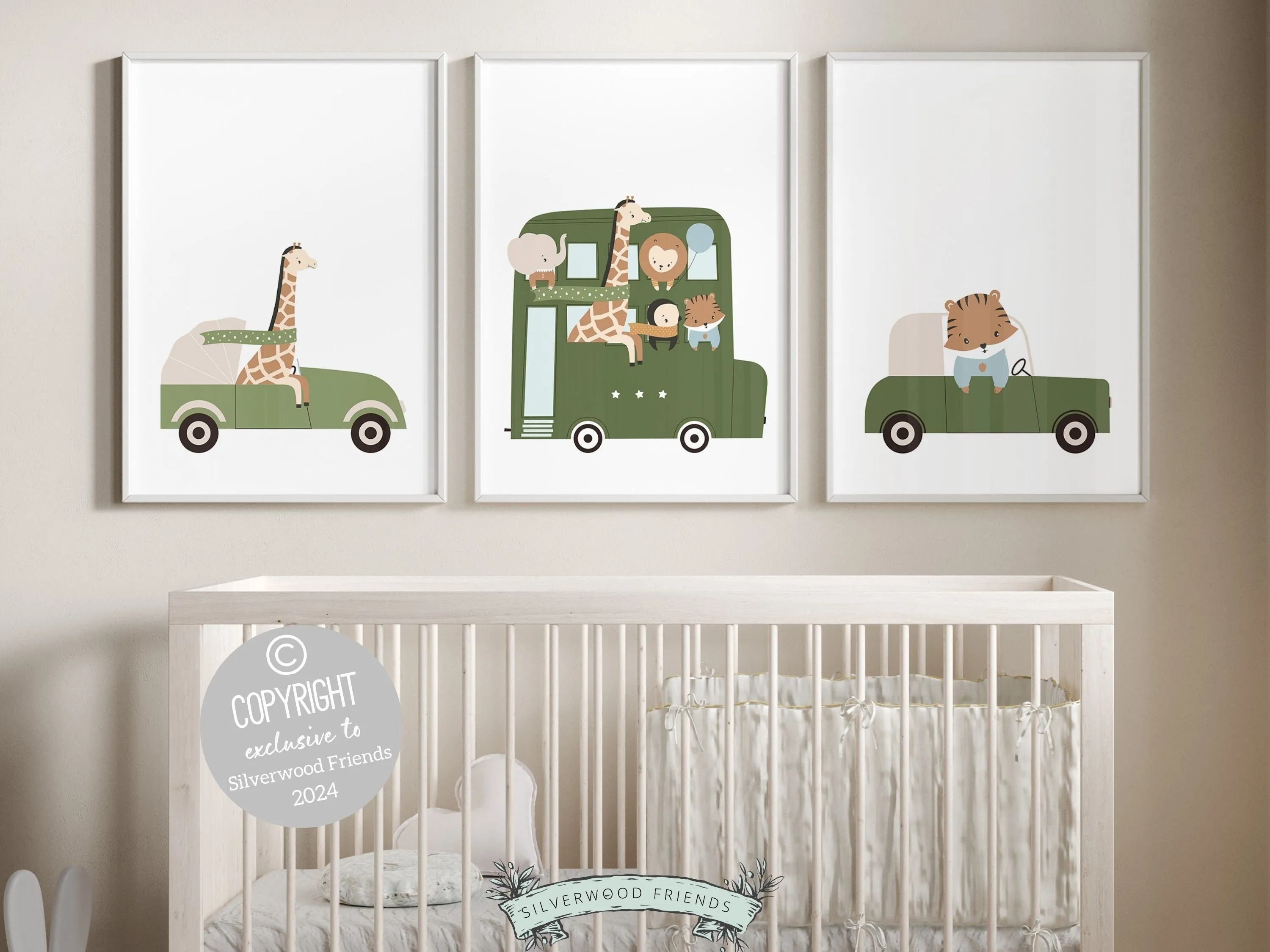 Green Safari Car Nursery Prints