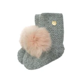 Grey Angora Pom Pom Booties With Pink Pom