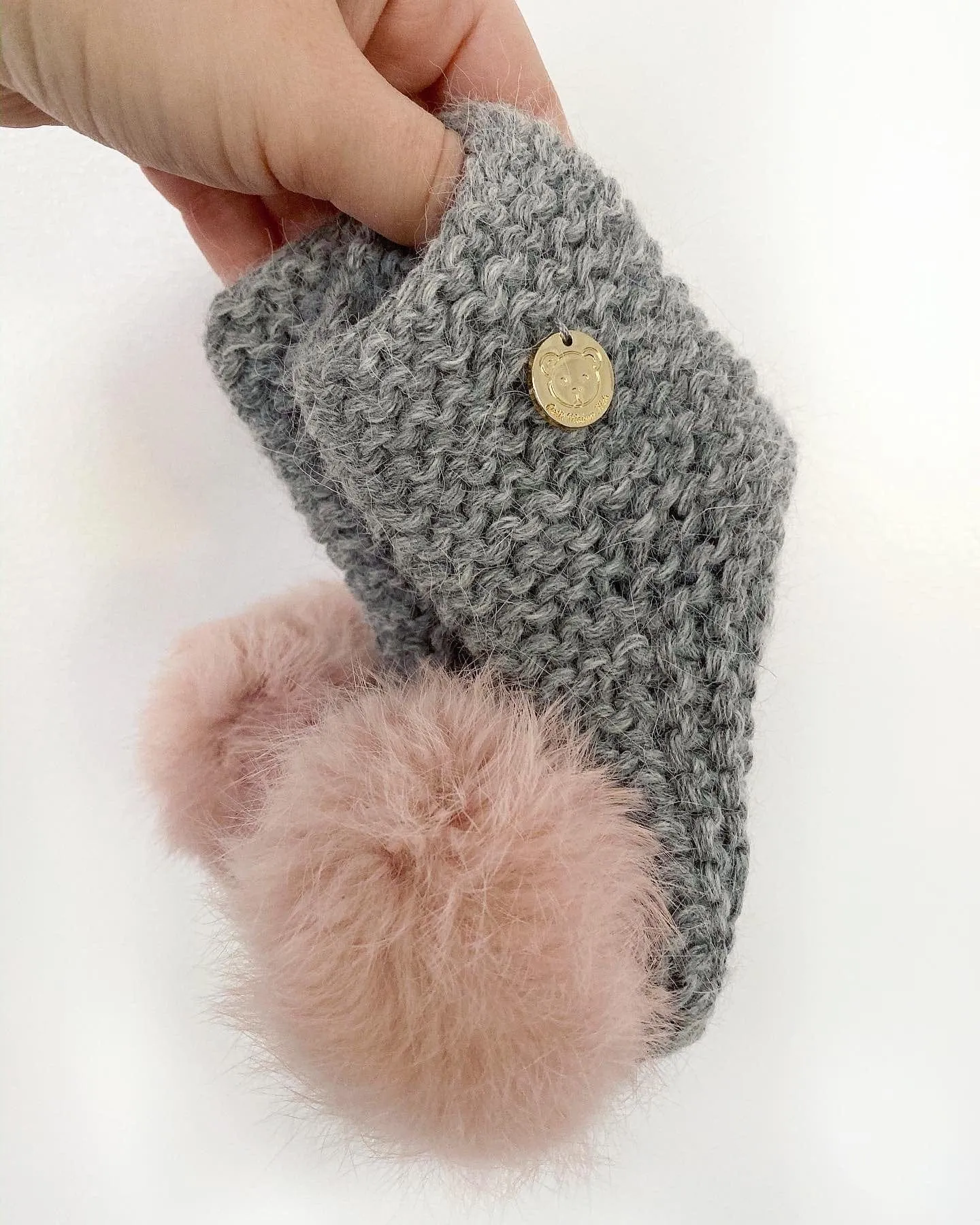 Grey Angora Pom Pom Booties With Pink Pom