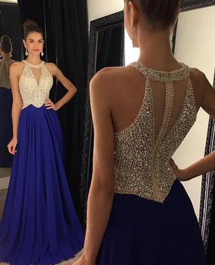 halter prom dresses long chiffon beaded royal blue a line elegant prom gown vestido de festa 2020