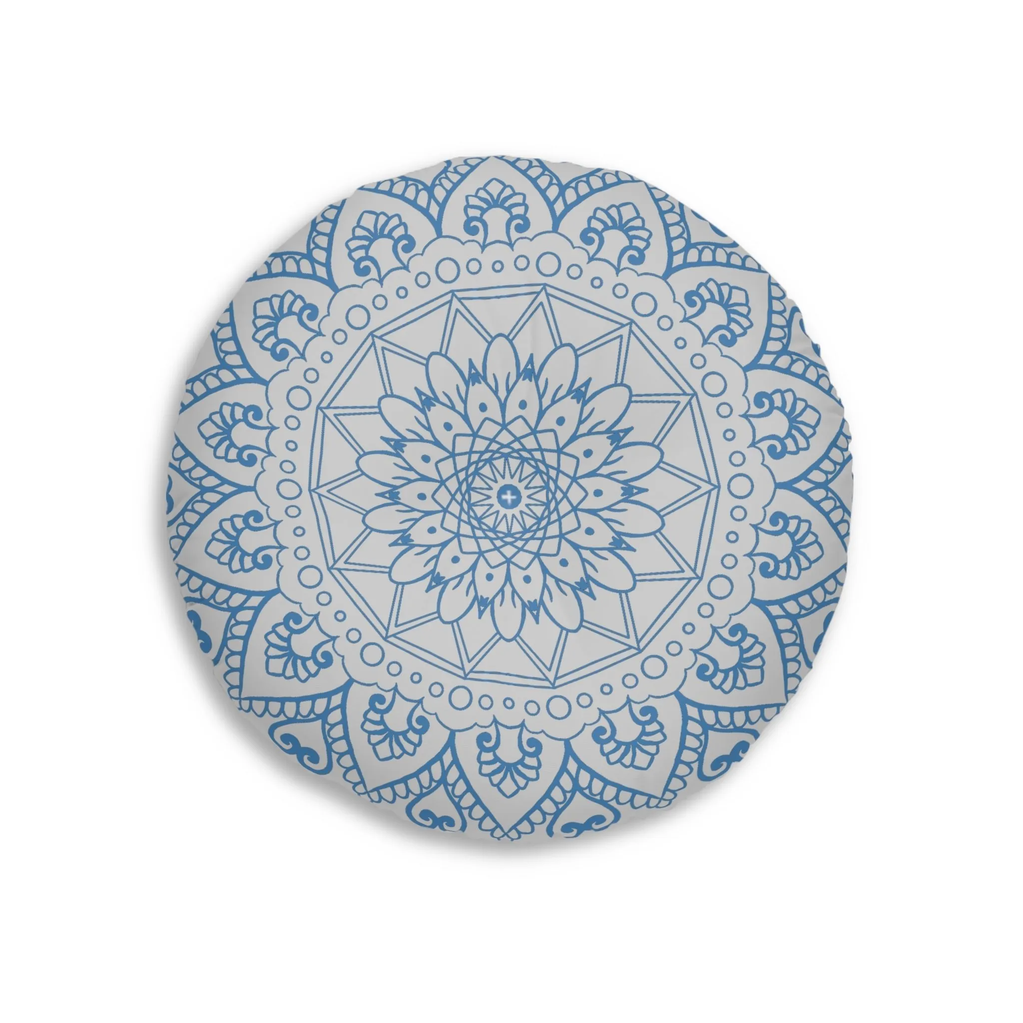 Handmade Mandala Art Floor Cushion - Steel Blue on Light Grey - Round