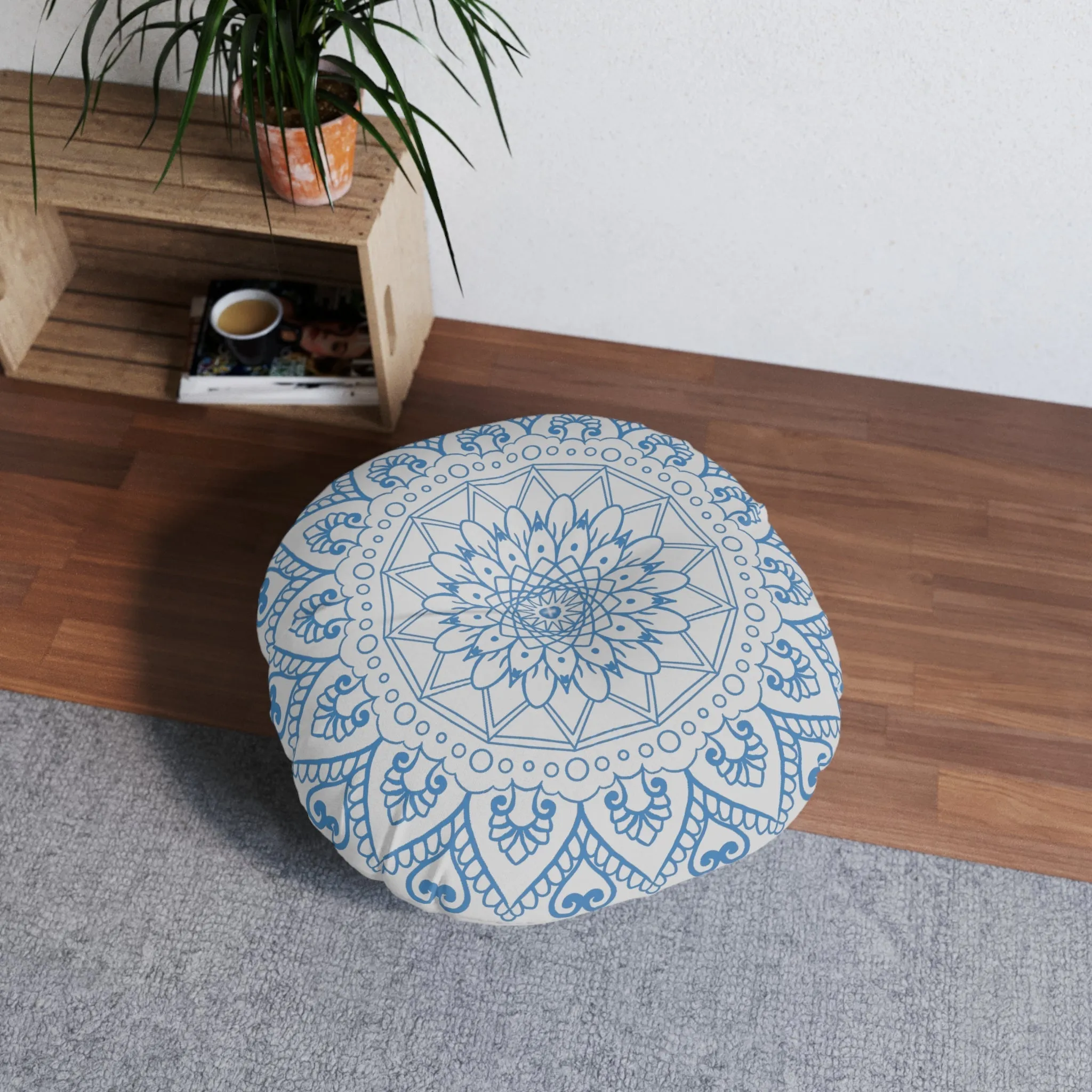 Handmade Mandala Art Floor Cushion - Steel Blue on Light Grey - Round