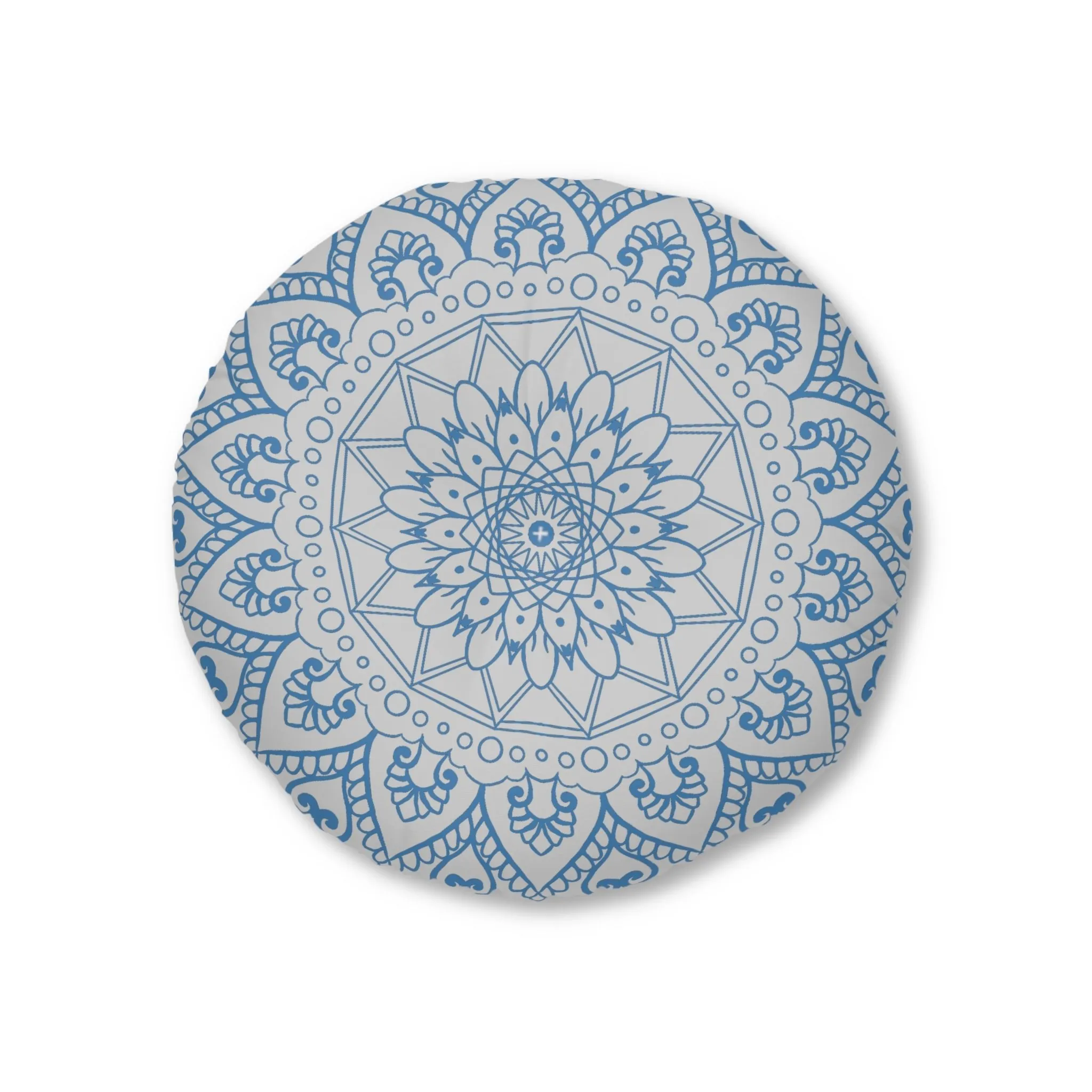 Handmade Mandala Art Floor Cushion - Steel Blue on Light Grey - Round