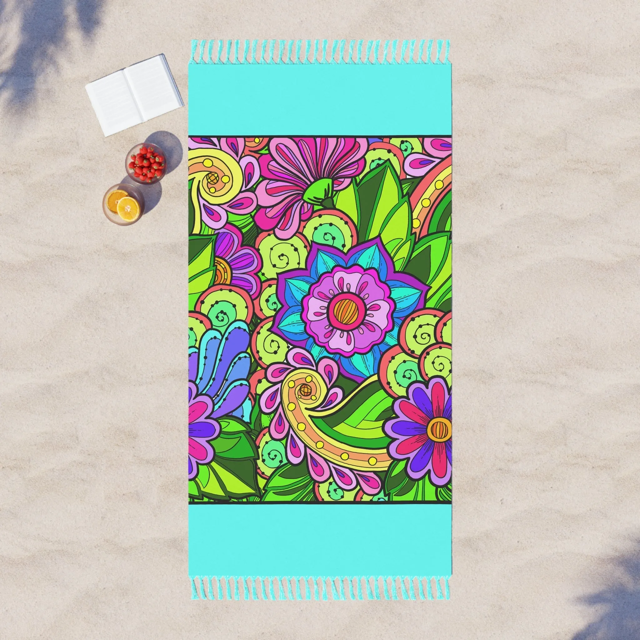 Handmade Mandala Design Boho Beach Cloth with Flower Doodle Art