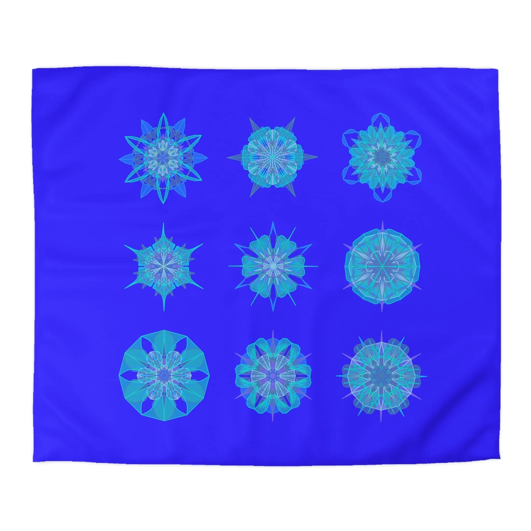 Handmade Mandala Snowflakes Microfiber Duvet Cover - Electric Blue Background