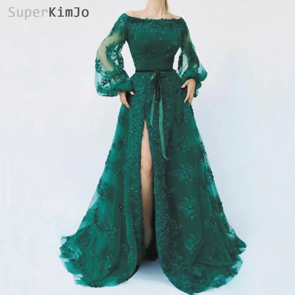 hunter green lace prom dresses 2020 flare sleeve elegant appliqué 3d flowers arabic prom gown