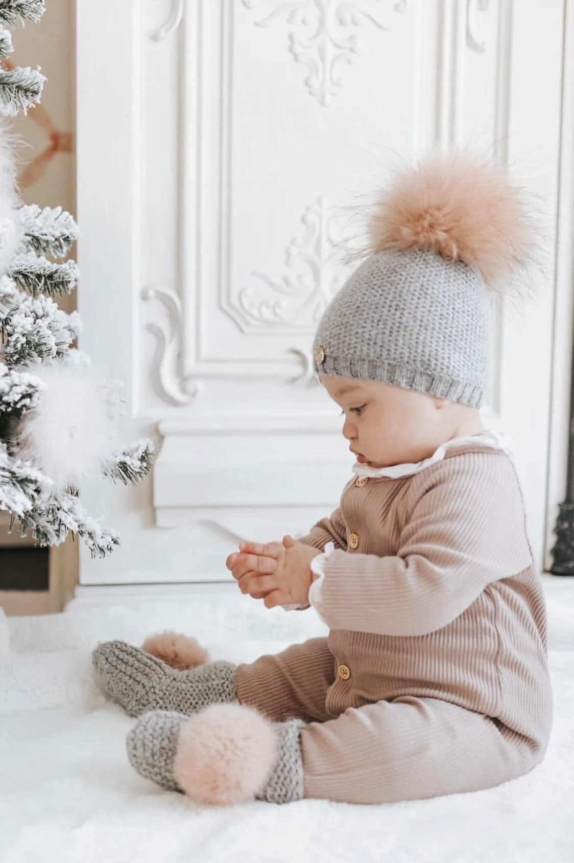 Ivory Angora Pom Pom Booties