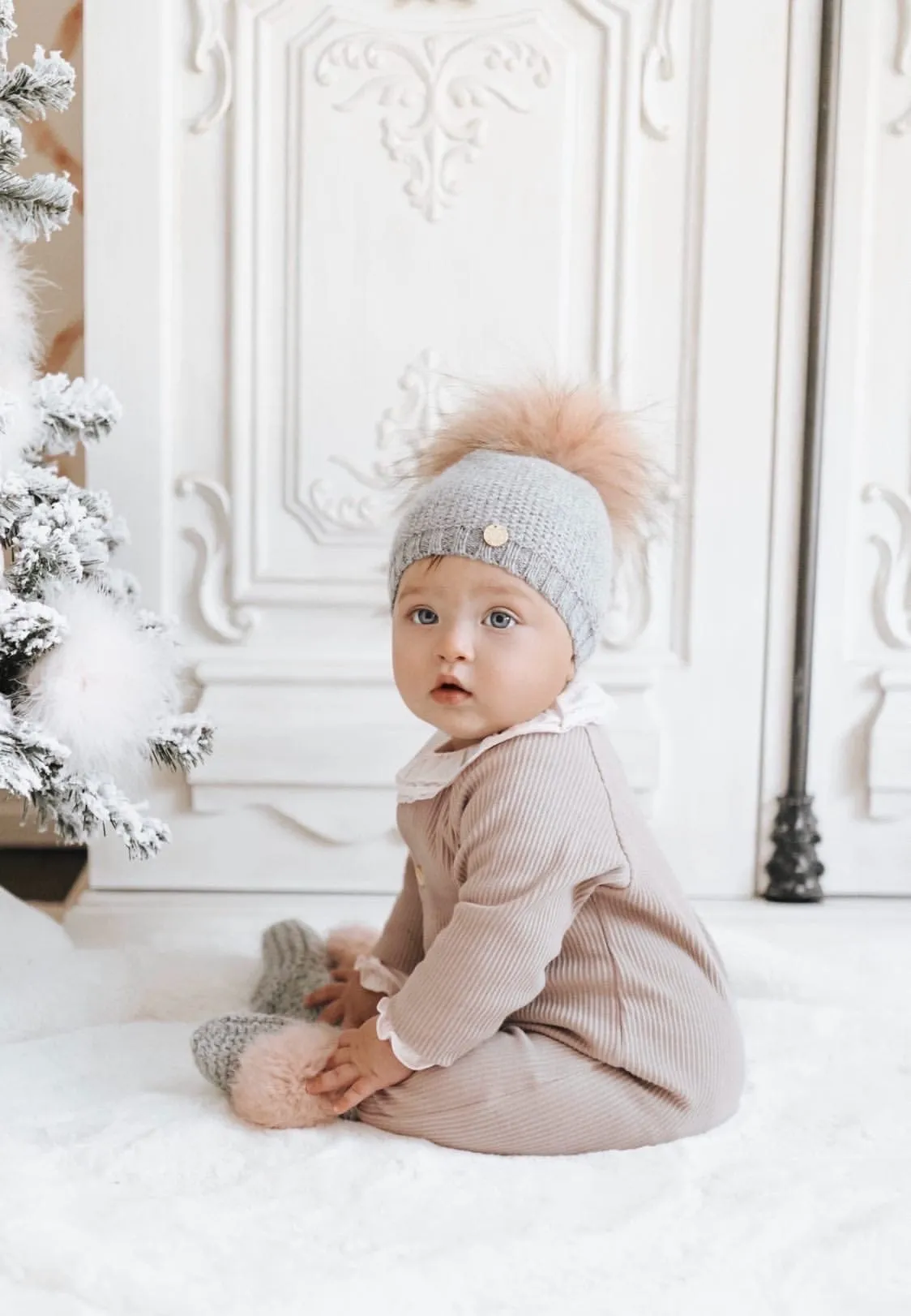 Ivory Angora Pom Pom Booties