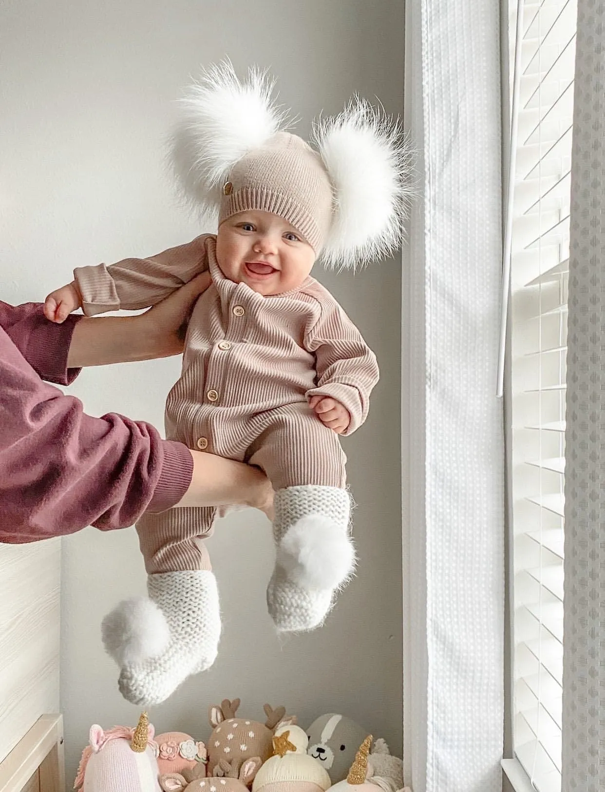 Ivory Angora Pom Pom Booties