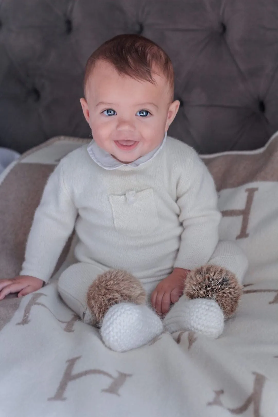 Ivory Angora Pom Pom Booties