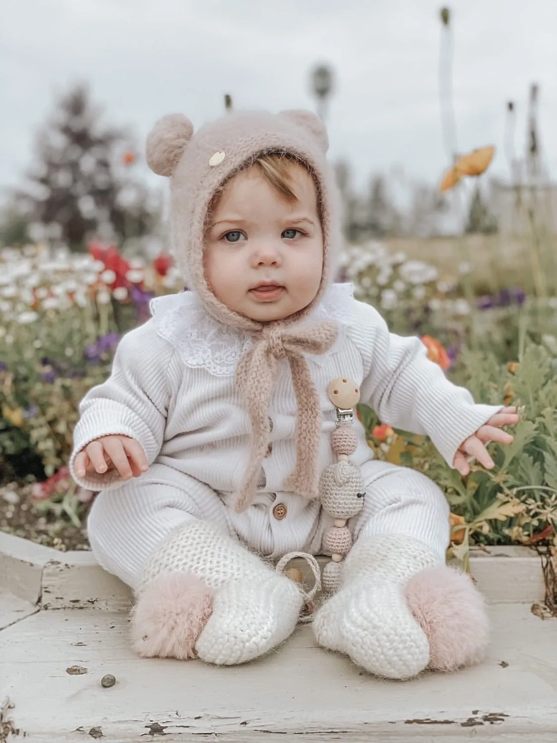 Ivory Angora Pom Pom Booties