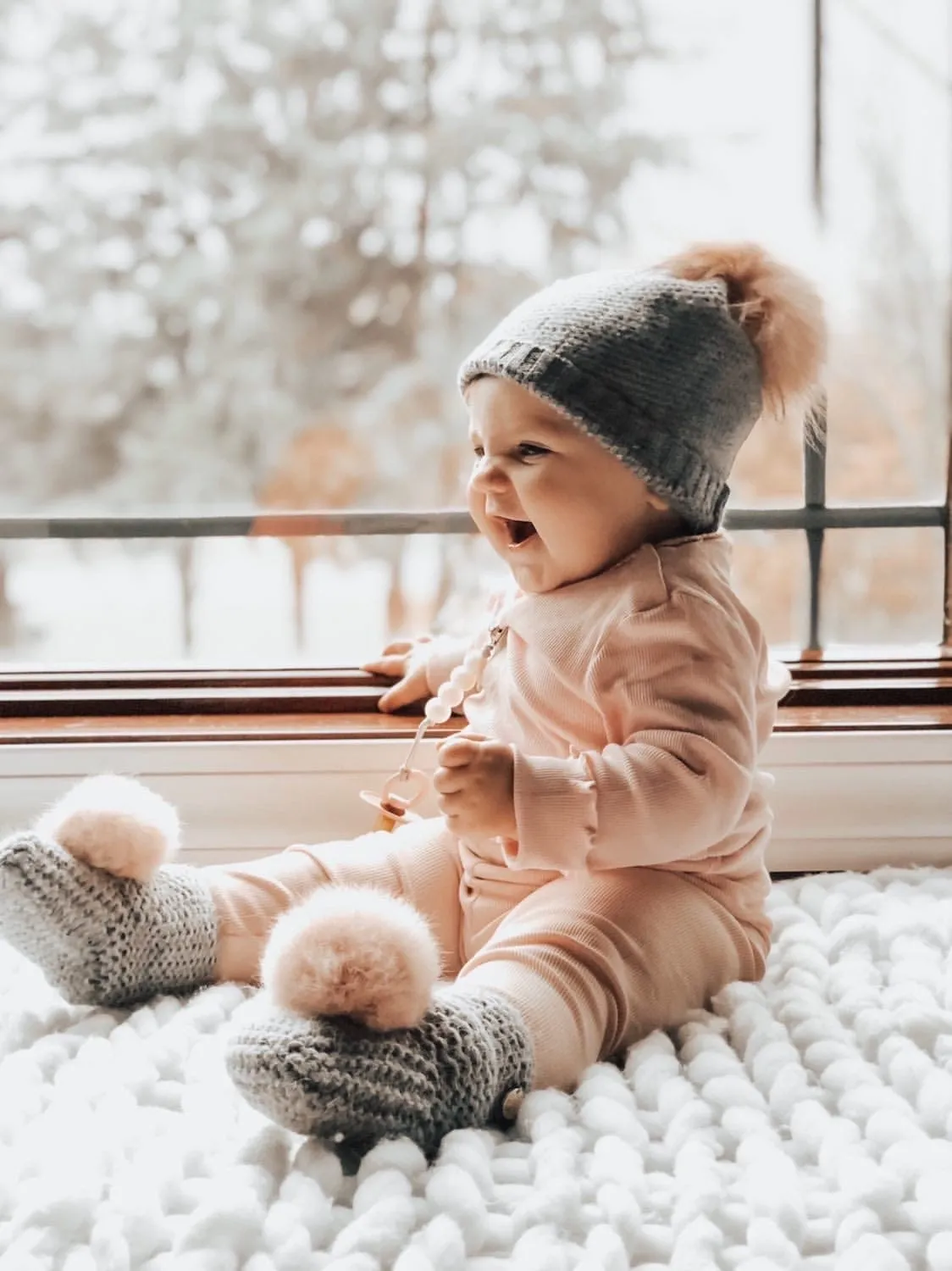 Ivory Angora Pom Pom Booties