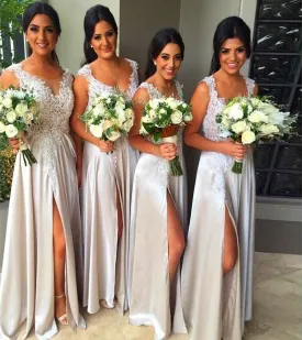 ivory bridesmaid dresses long satin lace appliqué cheap wedding party dress 2020 vested de festa