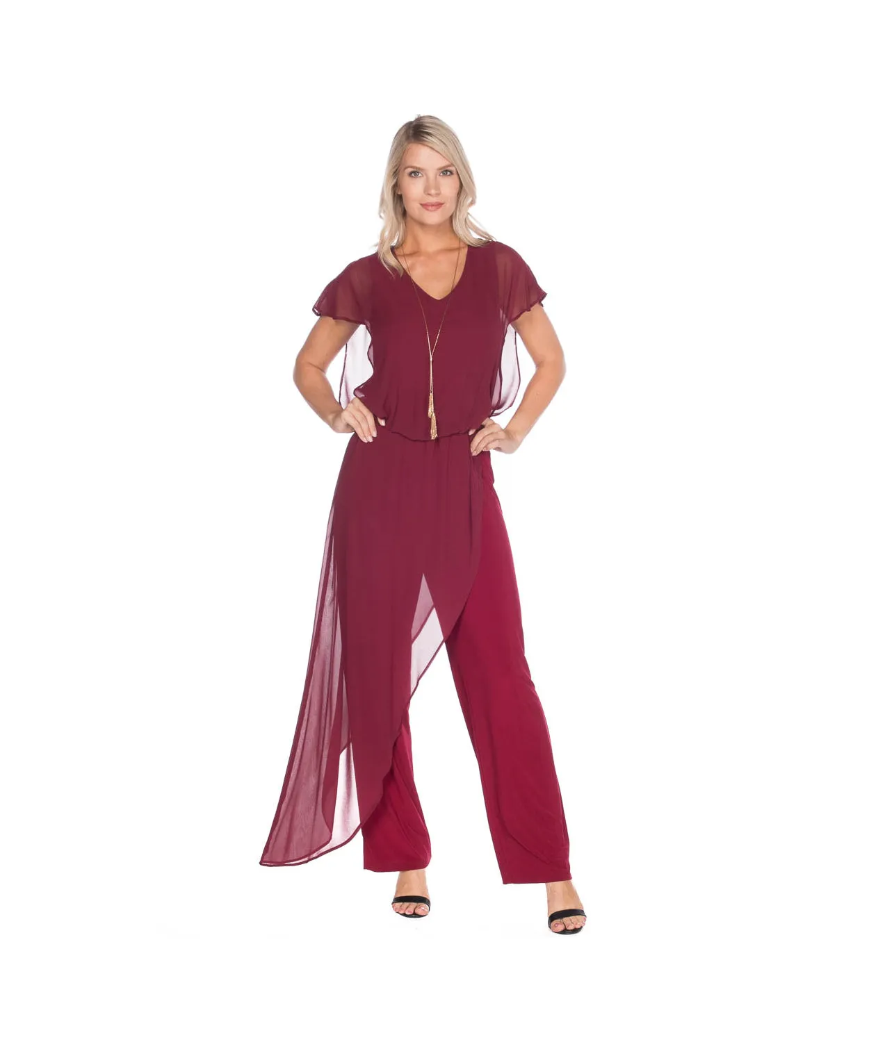 Jumpsuit with back Neckline, Chiffon Overlay & Straight Leg | Navy, Black, Burgundy