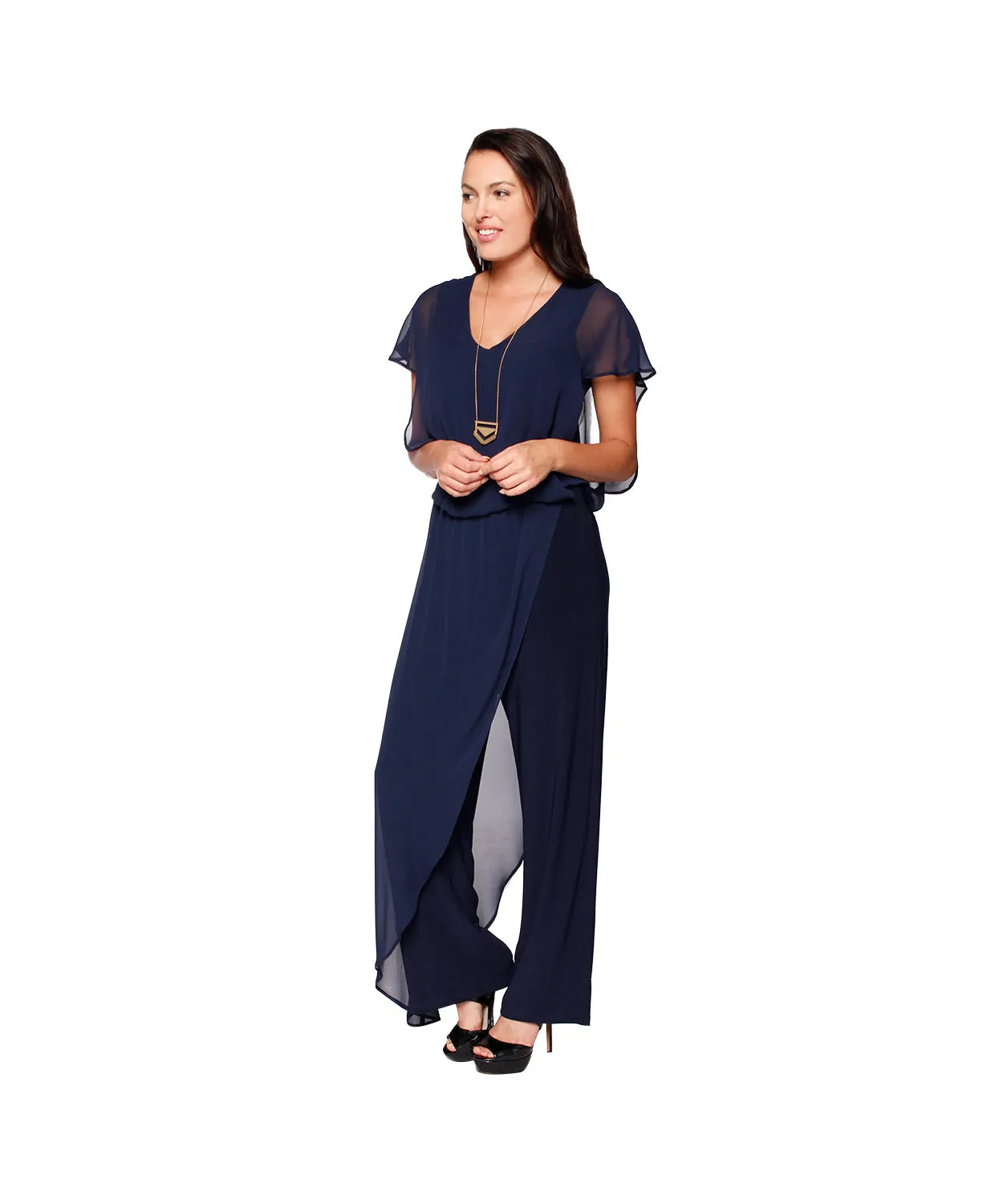 Jumpsuit with back Neckline, Chiffon Overlay & Straight Leg | Navy, Black, Burgundy