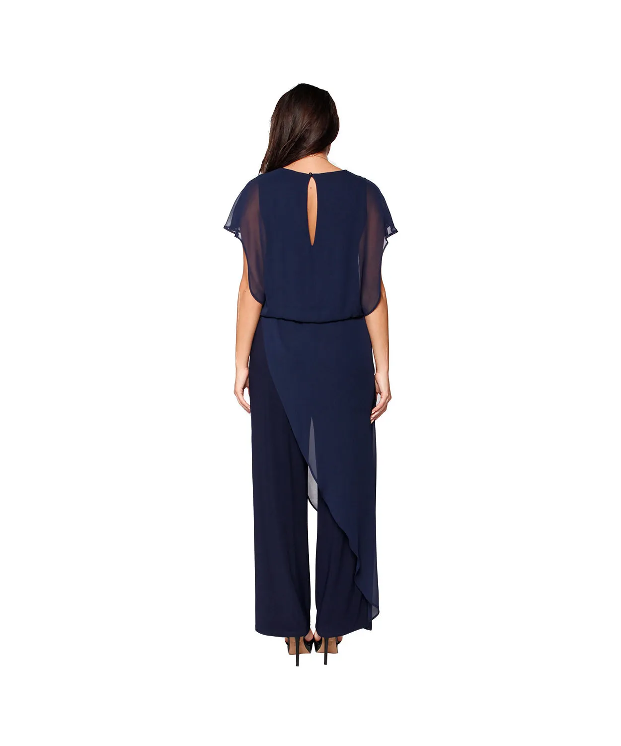 Jumpsuit with back Neckline, Chiffon Overlay & Straight Leg | Navy, Black, Burgundy