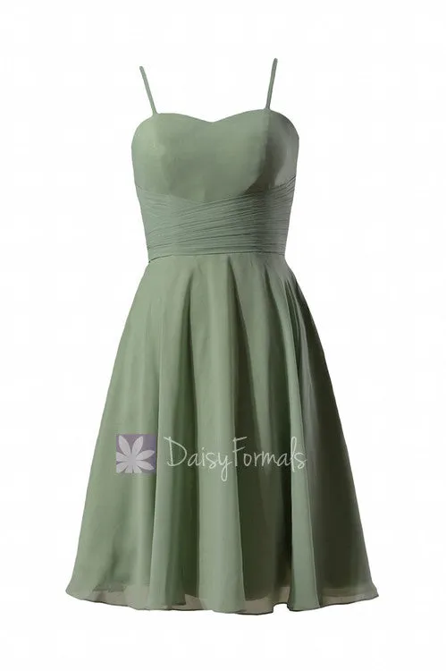 Knee Length Cocktail Dress Green Chiffon Bridal Party Dress W/Spaghetti Straps(BM8487E)