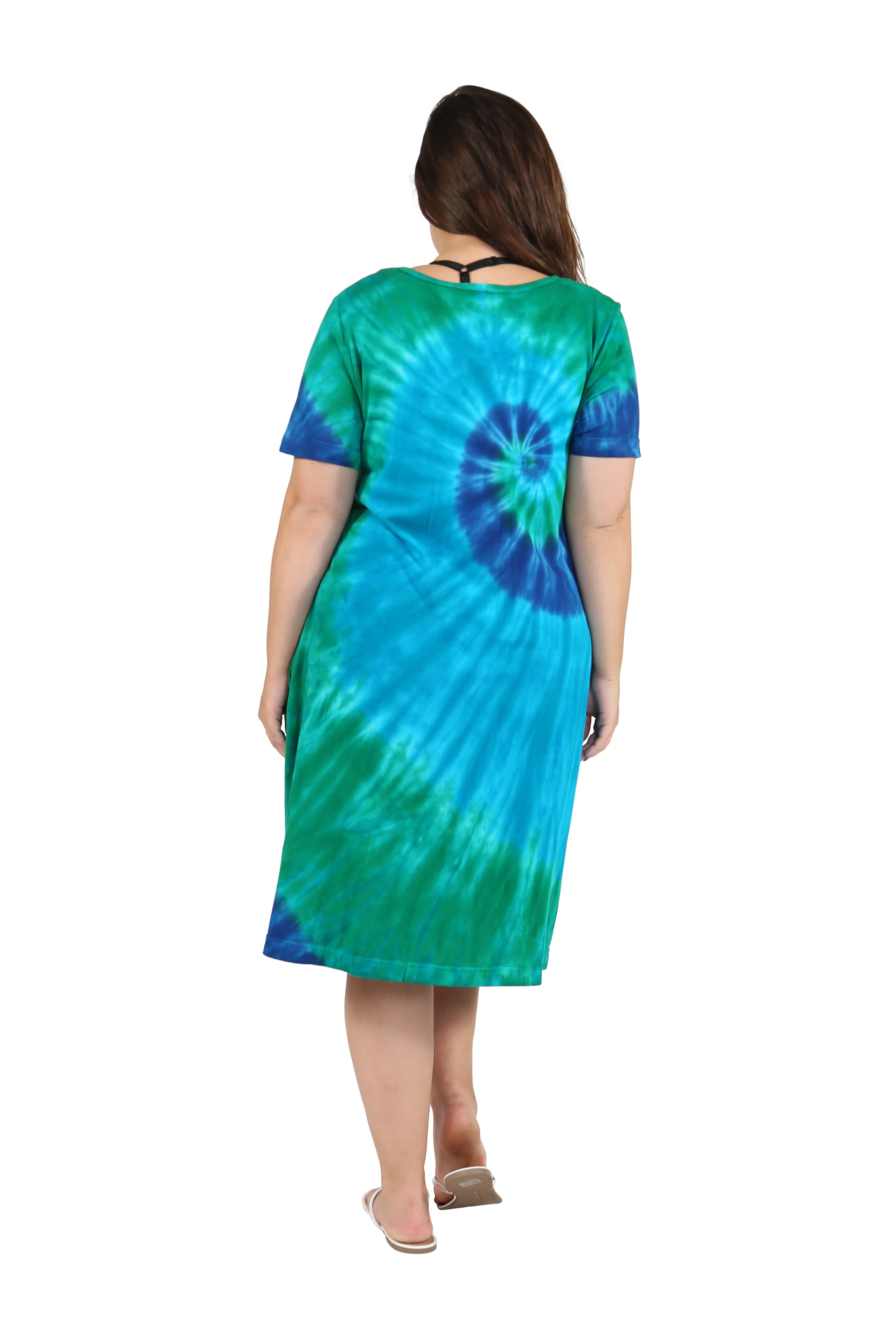 La Cera Cotton Knit Short Sleeve Blue Turquoise Tie-Dye Dress - Plus Size