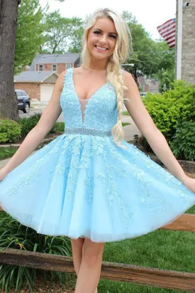 lace applique beaded prom dresses short v neck blue cheap a line prom gown vestido de graduation